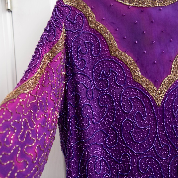 VTG Beaded Purple 100% Silk Plus Size Flapper Dress French Long Sleeve Floor - Picture 4 of 8